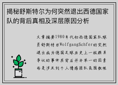 揭秘舒斯特尔为何突然退出西德国家队的背后真相及深层原因分析