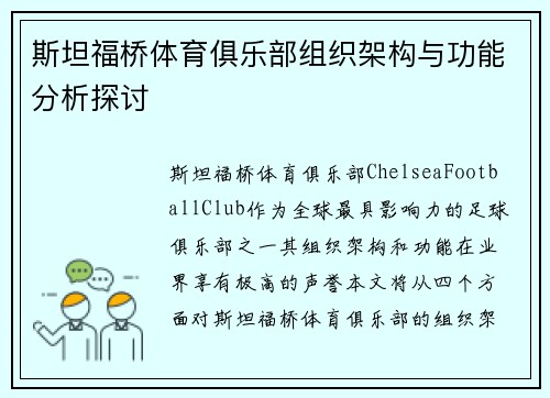 斯坦福桥体育俱乐部组织架构与功能分析探讨